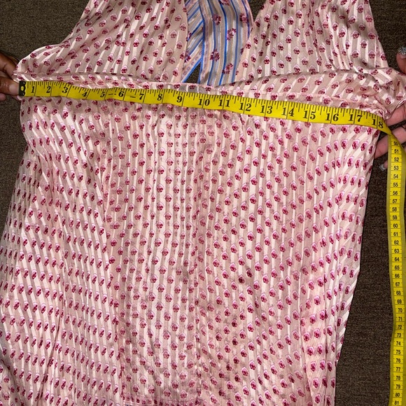 Ulla Johnson Silk Dress Size 2 Pink and Blue Printed Low V Neck Knee Elegant - Picture 8 of 9